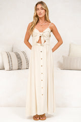 Danila Midi Dress - Front Tie Bodice Cut Out Detail Midi with Adjustable Straps in Beige