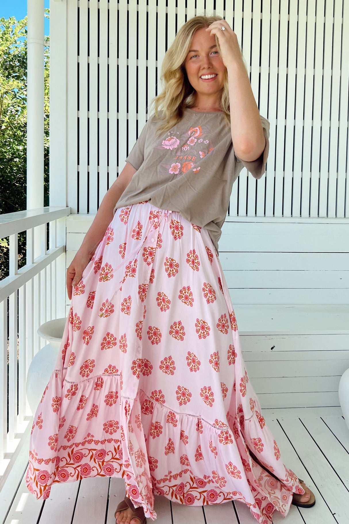 JAASE - Daphne Maxi Skirt: Tiered High Waisted Maxi Skirt in Desert Wildflowers Print