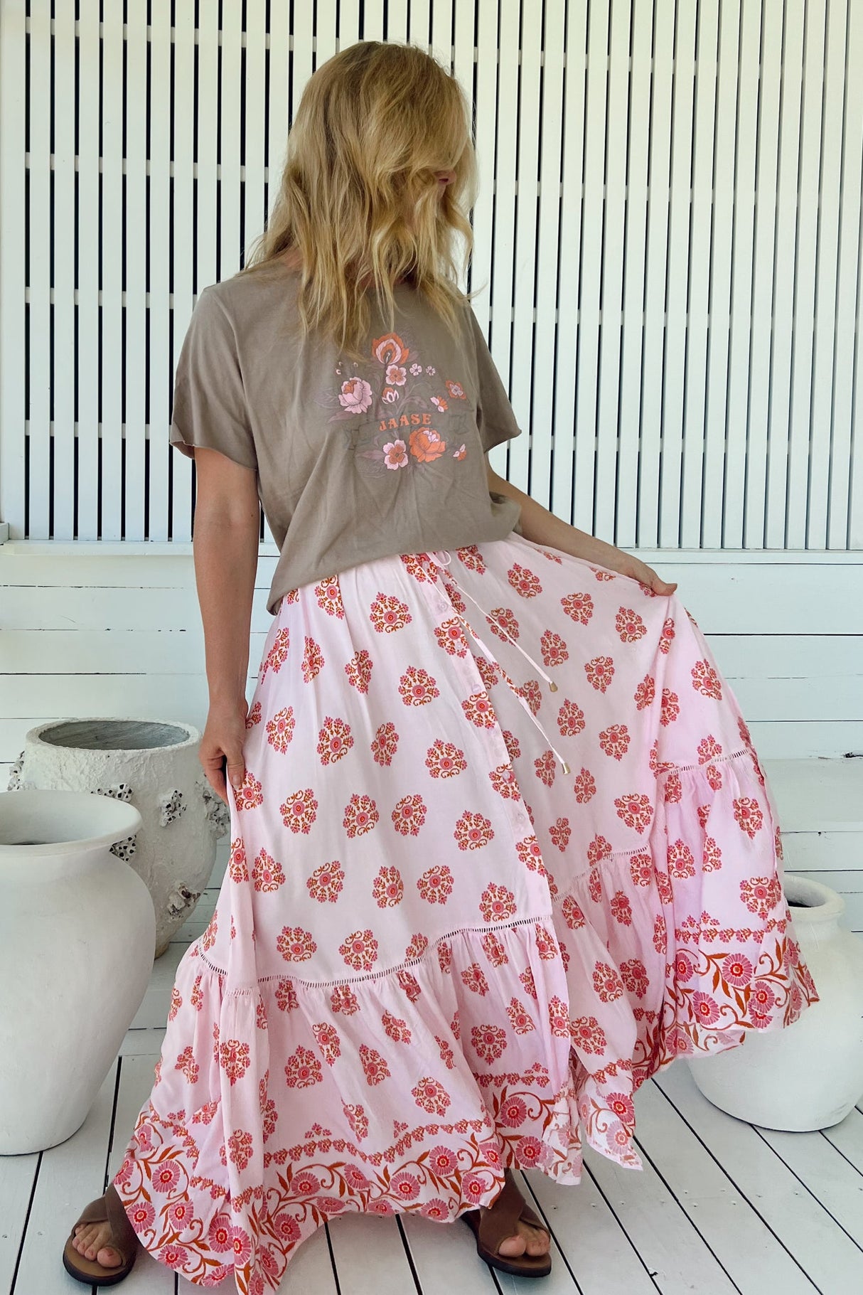 JAASE - Daphne Maxi Skirt: Tiered High Waisted Maxi Skirt in Desert Wildflowers Print