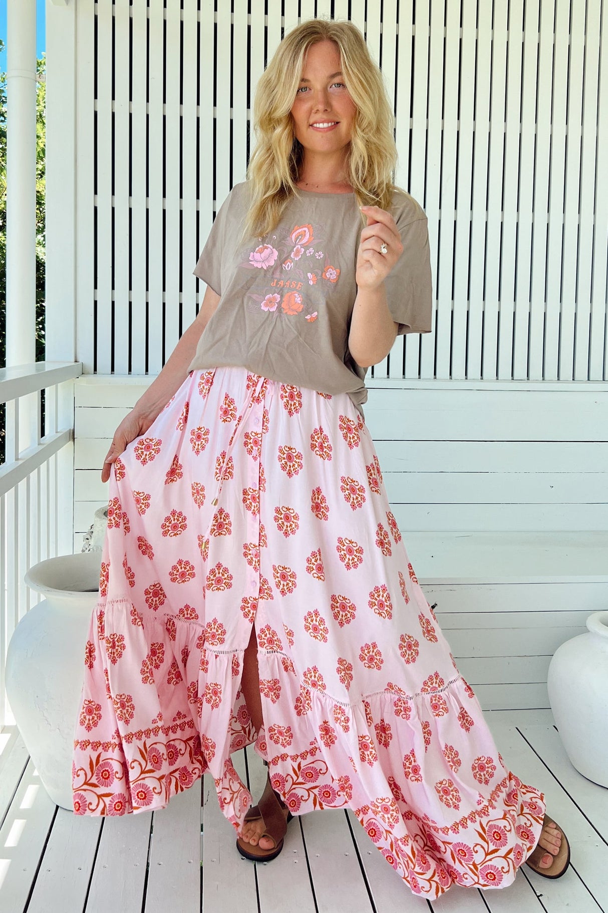 JAASE - Daphne Maxi Skirt: Tiered High Waisted Maxi Skirt in Desert Wildflowers Print