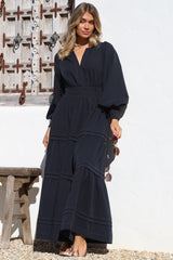 Dara Maxi Dress - Mandarin Collar Tiered Dress with Pockets in Navy