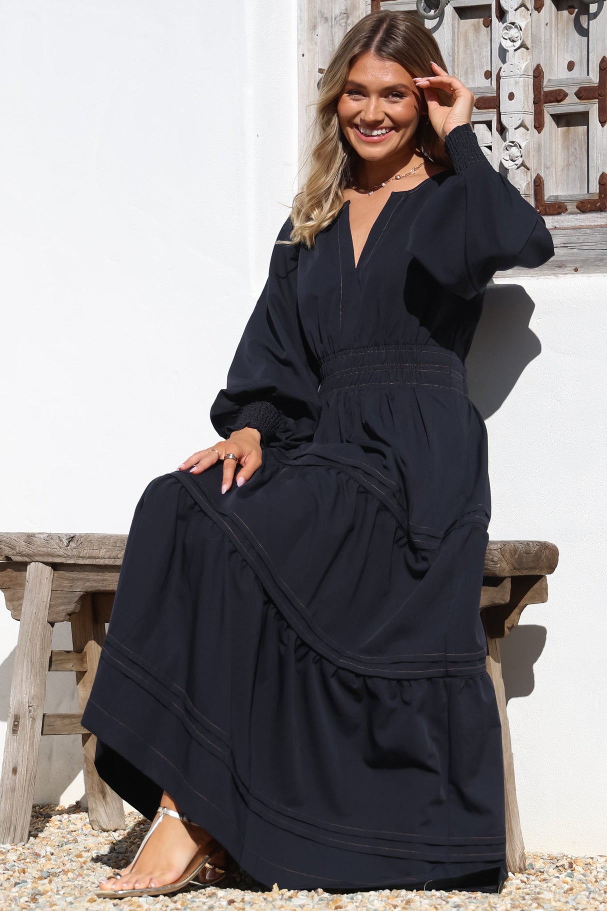 Dara Maxi Dress - Mandarin Collar Tiered Dress with Pockets in Navy