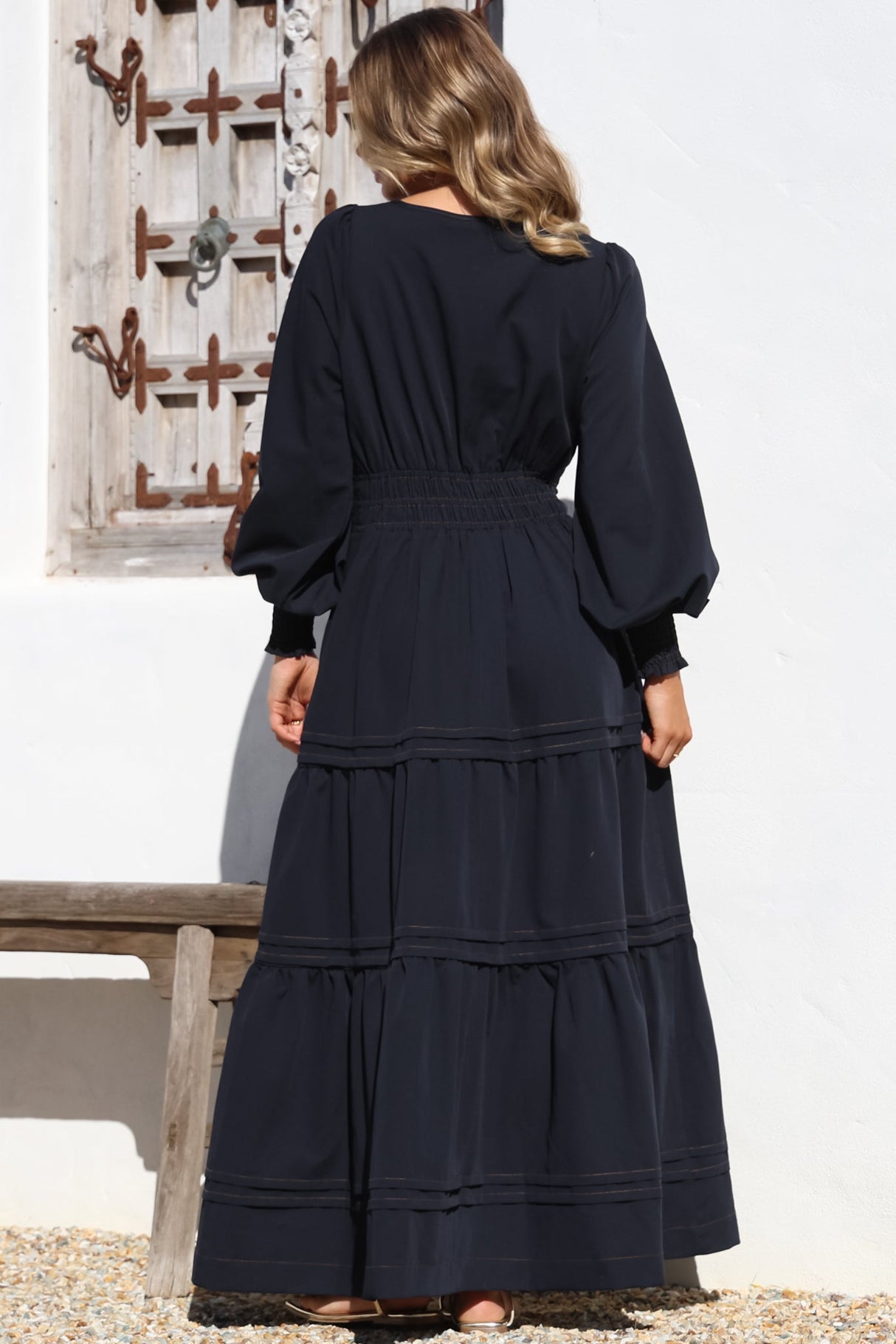 Dara Maxi Dress - Mandarin Collar Tiered Dress with Pockets in Navy