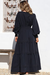 Dara Maxi Dress - Mandarin Collar Tiered Dress with Pockets in Navy