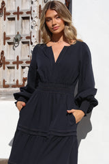 Dara Maxi Dress - Mandarin Collar Tiered Dress with Pockets in Navy