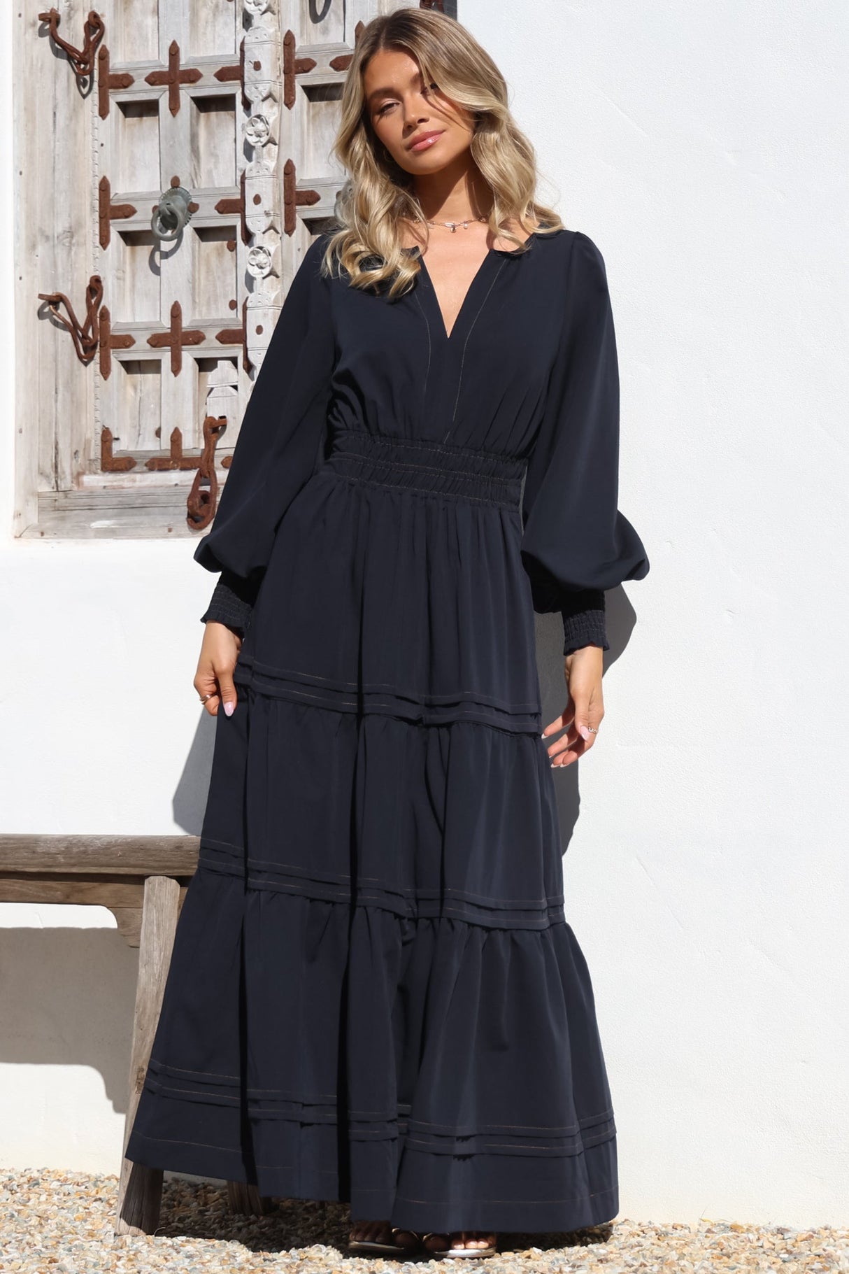 Dara Maxi Dress - Mandarin Collar Tiered Dress with Pockets in Navy