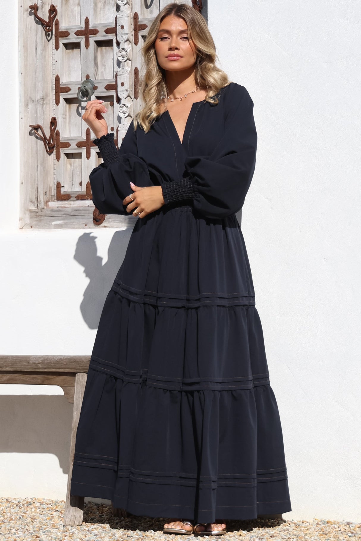 Dara Maxi Dress - Mandarin Collar Tiered Dress with Pockets in Navy