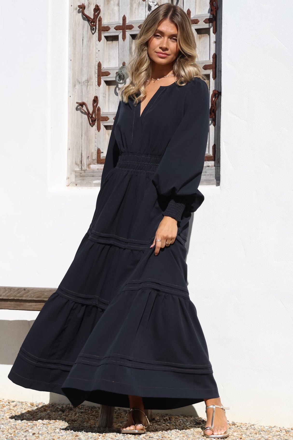 Dara Maxi Dress - Mandarin Collar Tiered Dress with Pockets in Navy