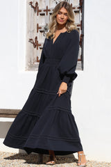 Dara Maxi Dress - Mandarin Collar Tiered Dress with Pockets in Navy