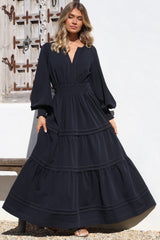 Dara Maxi Dress - Mandarin Collar Tiered Dress with Pockets in Navy