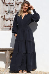 Dara Maxi Dress - Mandarin Collar Tiered Dress with Pockets in Navy