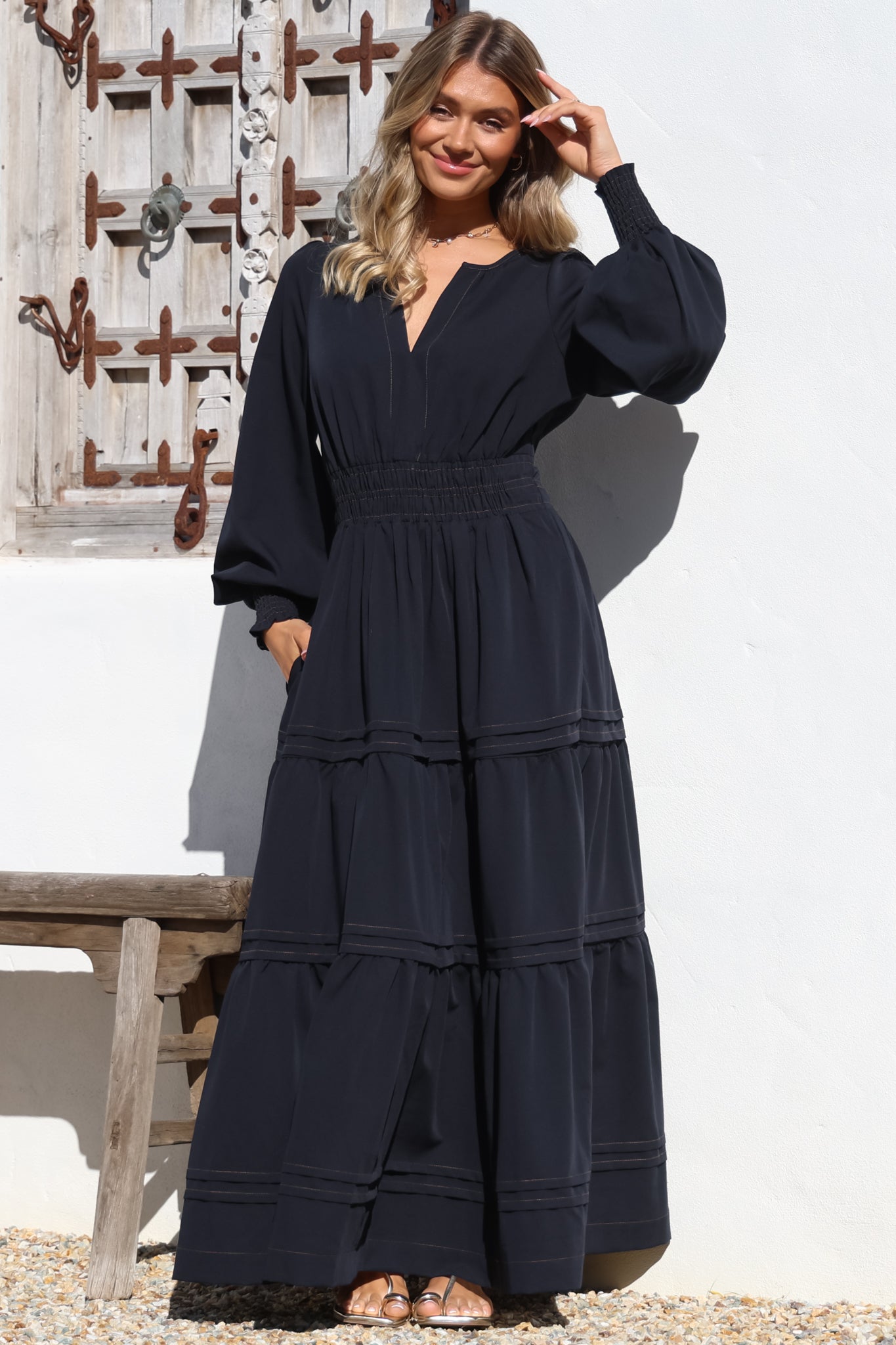 Dara Maxi Dress Mandarin Collar Tiered Dress Pockets