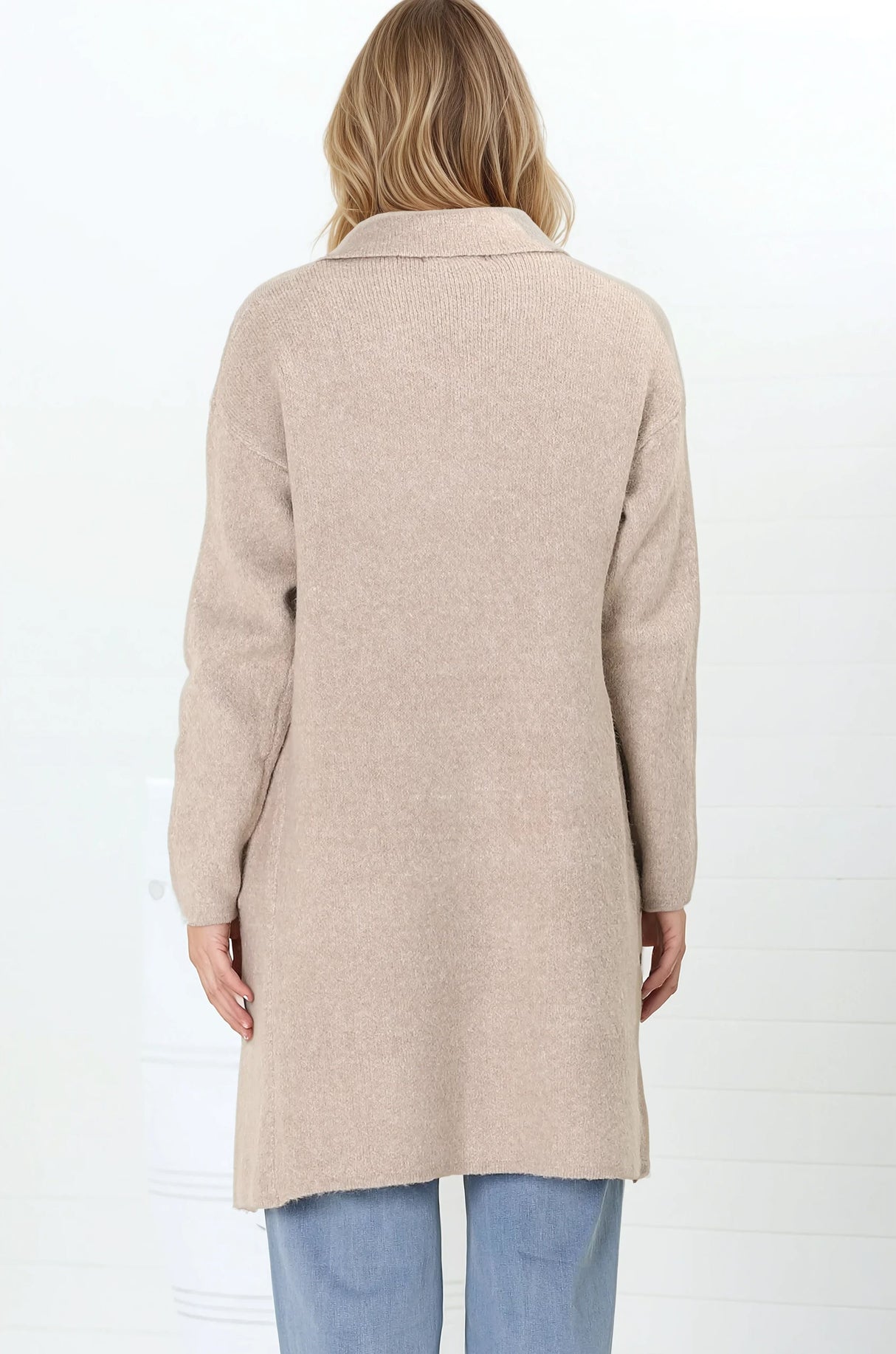 Darby Cardigan - Folded Collar Coatigan with Pockets in Sand