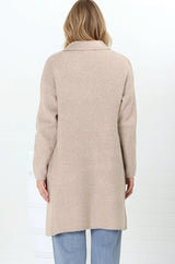 Darby Cardigan - Folded Collar Coatigan with Pockets in Sand