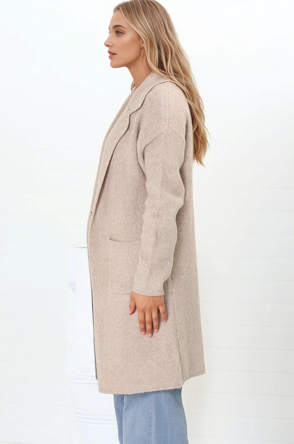 Darby Cardigan - Folded Collar Coatigan with Pockets in Sand