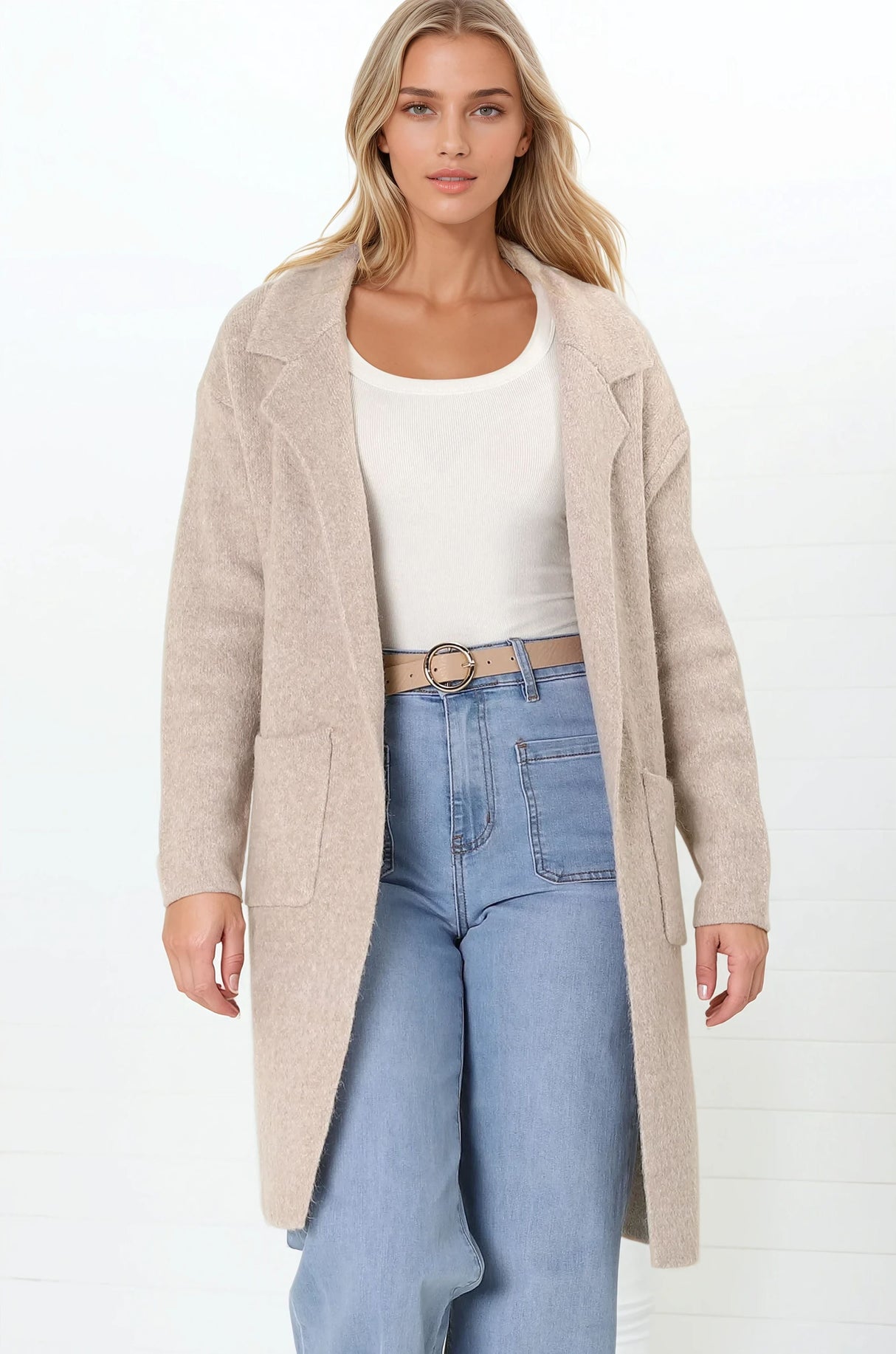 Darby Cardigan - Folded Collar Coatigan with Pockets in Sand