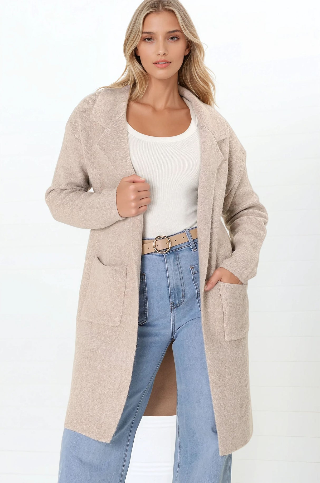 Darby Cardigan - Folded Collar Coatigan with Pockets in Sand