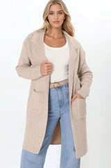 Darby Cardigan - Folded Collar Coatigan with Pockets in Sand