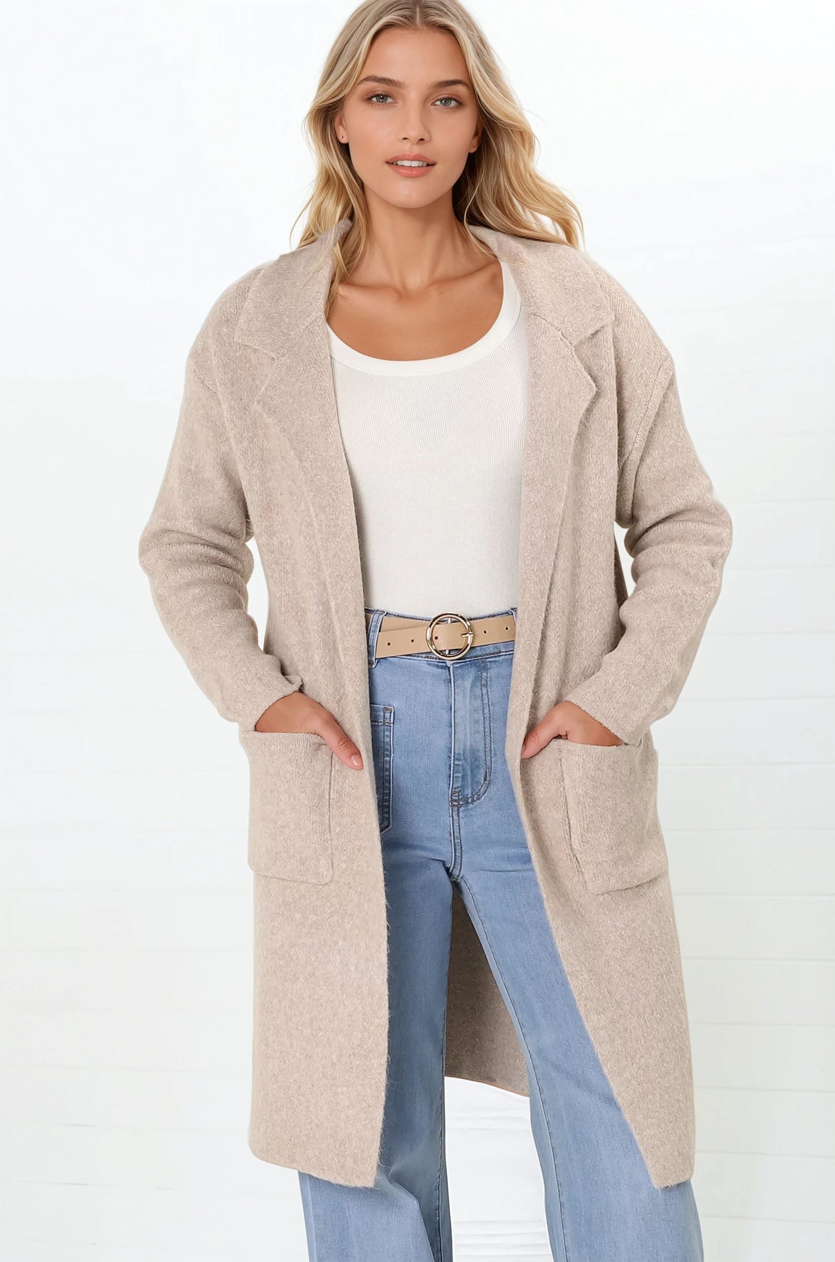 Darby Cardigan - Folded Collar Coatigan with Pockets in Sand