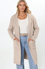 Darby Cardigan - Folded Collar Coatigan with Pockets in Sand