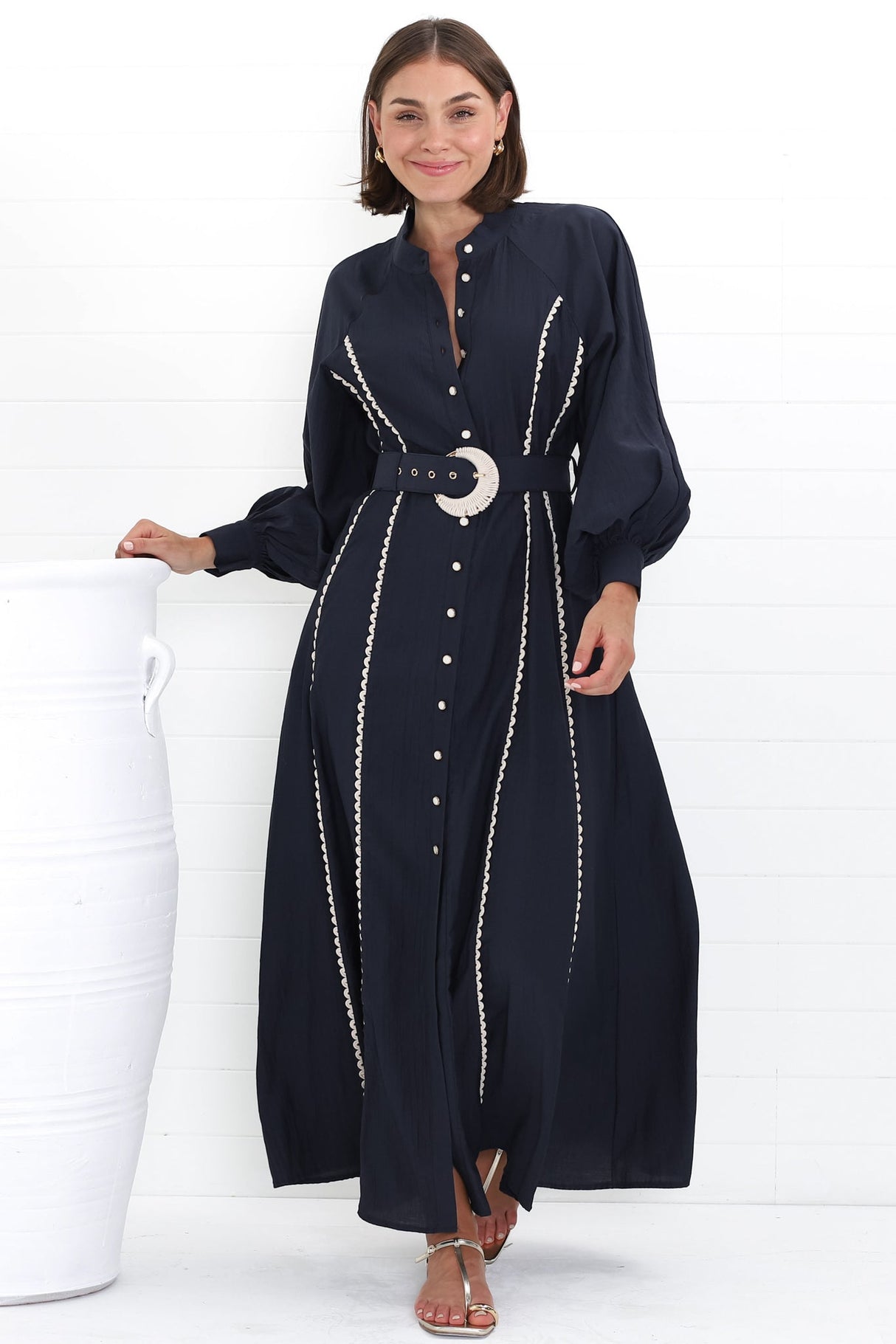 Darcy Maxi Dress - Contrast Detailing Button Down Dress with Belt in Navy