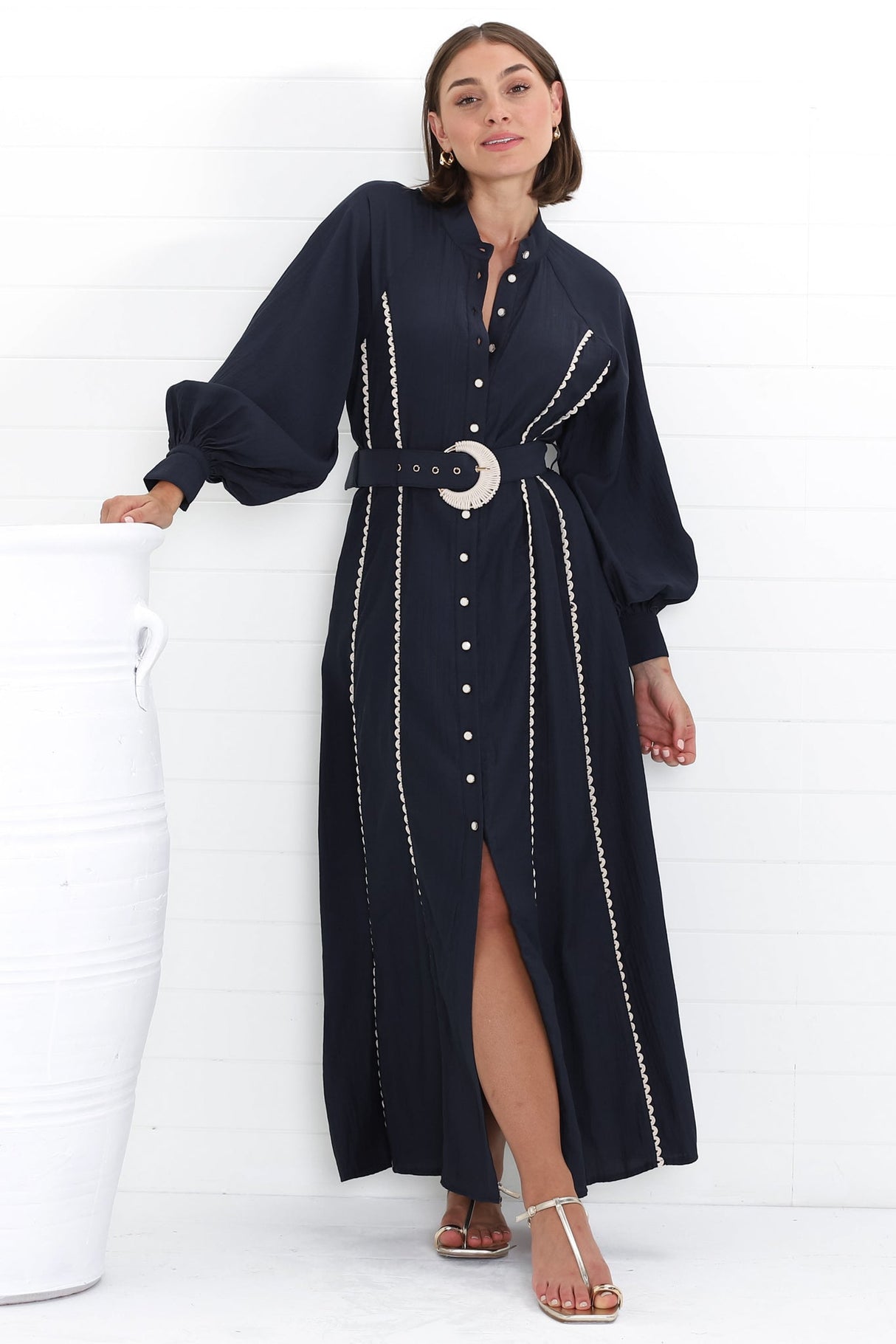 Darcy Maxi Dress - Contrast Detailing Button Down Dress with Belt in Navy