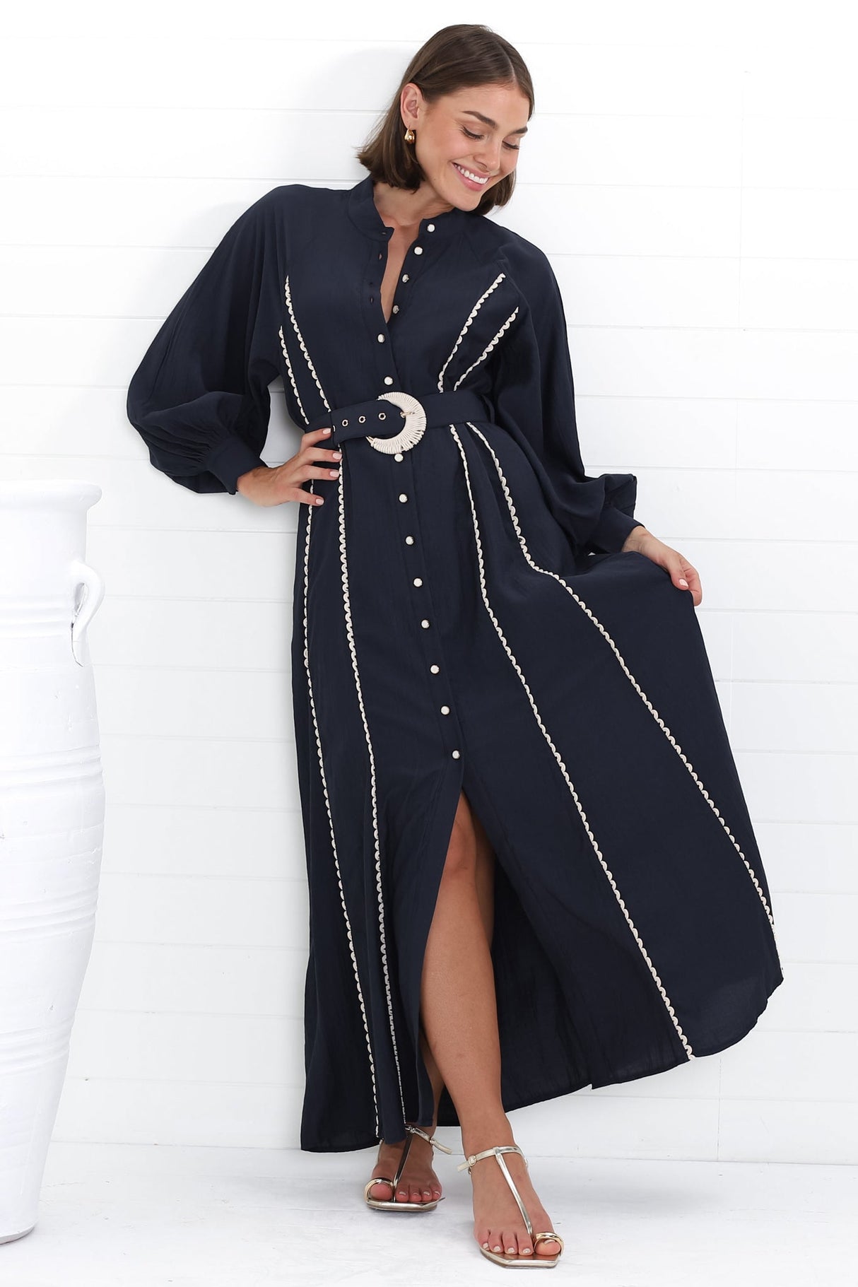 Darcy Maxi Dress - Contrast Detailing Button Down Dress with Belt in Navy