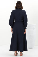 Darcy Maxi Dress - Contrast Detailing Button Down Dress with Belt in Navy