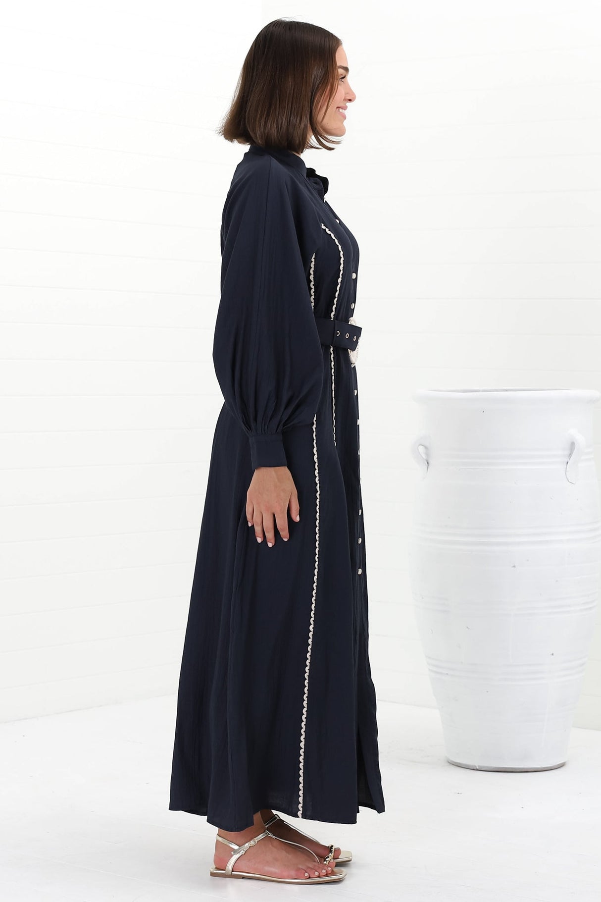 Darcy Maxi Dress - Contrast Detailing Button Down Dress with Belt in Navy