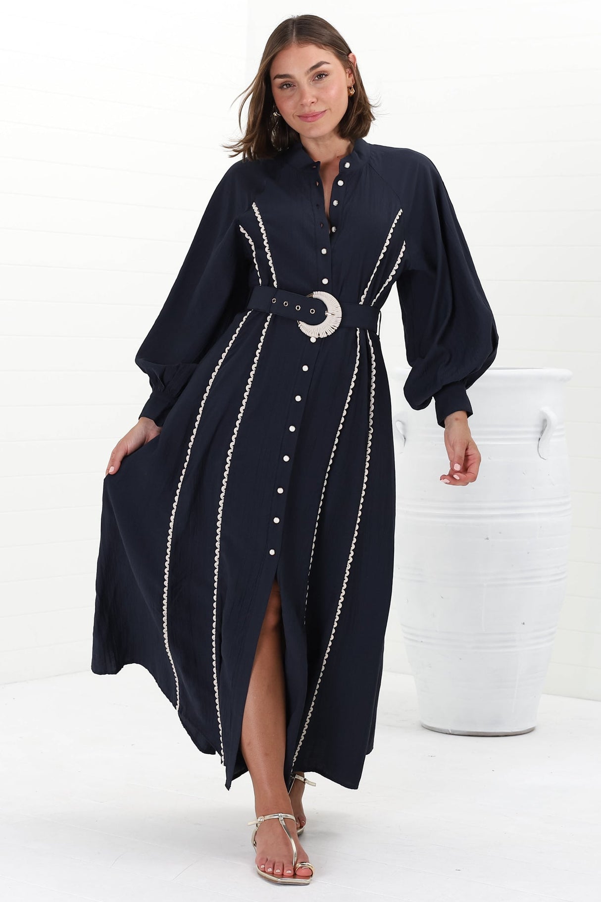 Darcy Maxi Dress - Contrast Detailing Button Down Dress with Belt in Navy