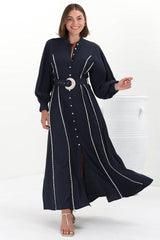 Darcy Maxi Dress - Contrast Detailing Button Down Dress with Belt in Navy