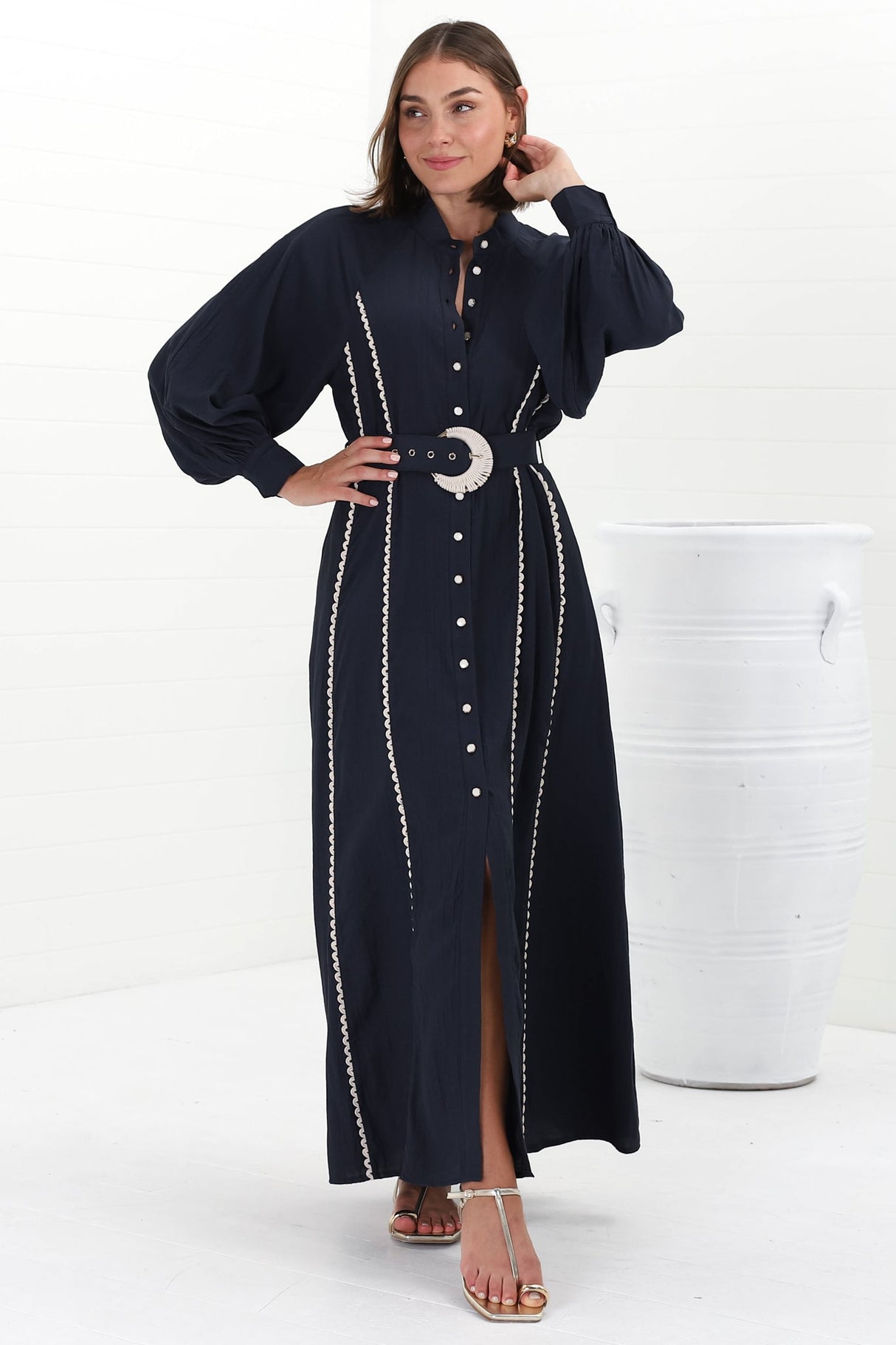 Darcy Maxi Dress - Contrast Detailing Button Down Dress with Belt in Navy