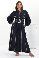 Darcy Maxi Dress - Contrast Detailing Button Down Dress with Belt in Navy