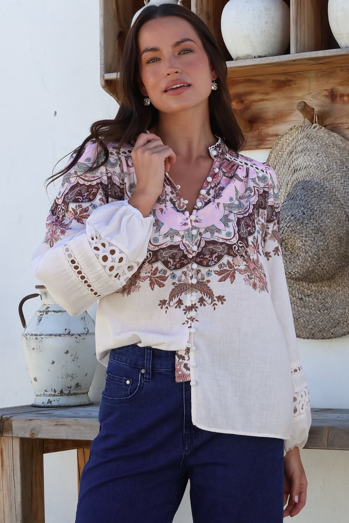 Daria Blouse - Mandarin Split Collar Button Down with Hollow Out Detail in Capricorn Print