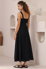 Darla Midi Dress - Scallop Trim Thick Strap Cotton Sun Dress in Black