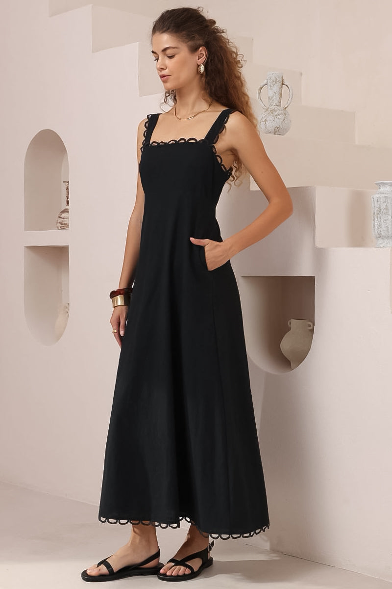 Darla Midi Dress - Scallop Trim Thick Strap Cotton Sun Dress in Black