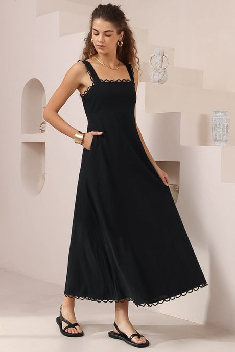 Darla Midi Dress - Scallop Trim Thick Strap Cotton Sun Dress in Black