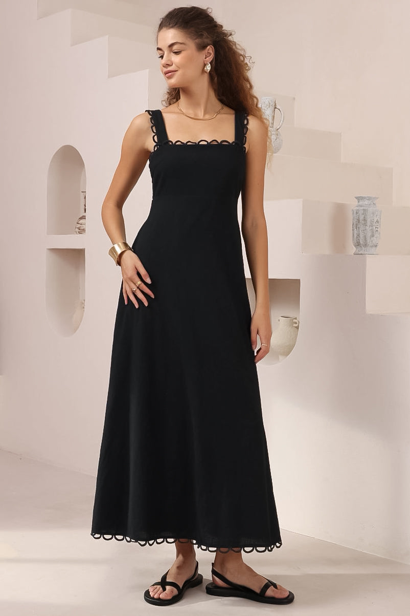 Darla Midi Dress - Scallop Trim Thick Strap Cotton Sun Dress in Black