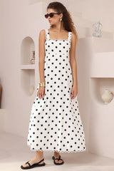 Darla Midi Dress - Scallop Trim Thick Strap Cotton Sun Dress in Polka Dots White