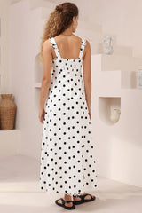 Darla Midi Dress - Scallop Trim Thick Strap Cotton Sun Dress in Polka Dots White