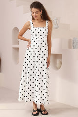 Darla Midi Dress - Scallop Trim Thick Strap Cotton Sun Dress in Polka Dots White