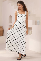 Darla Midi Dress - Scallop Trim Thick Strap Cotton Sun Dress in Polka Dots White