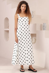 Darla Midi Dress - Scallop Trim Thick Strap Cotton Sun Dress in Polka Dots White