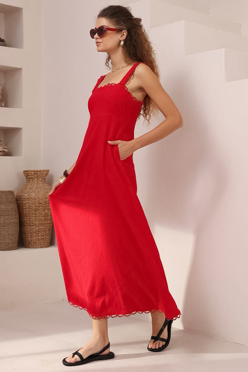 Darla Midi Dress - Scallop Trim Thick Strap Cotton Sun Dress in Red