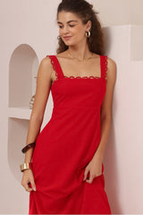 Darla Midi Dress - Scallop Trim Thick Strap Cotton Sun Dress in Red