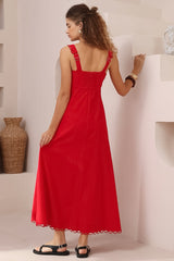 Darla Midi Dress - Scallop Trim Thick Strap Cotton Sun Dress in Red