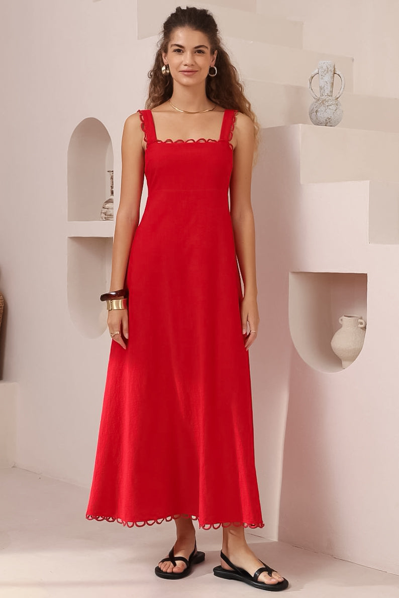 Darla Midi Dress - Scallop Trim Thick Strap Cotton Sun Dress in Red
