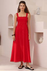 Darla Midi Dress - Scallop Trim Thick Strap Cotton Sun Dress in Red