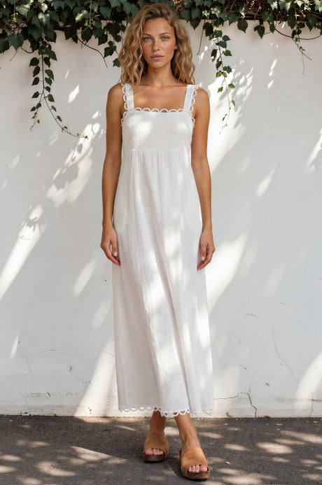 Model wearing Darla Maxi Dress in White from Salty Crush
