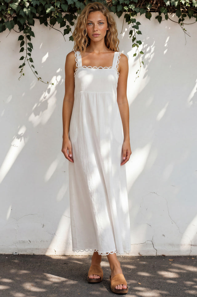 Model wearing Darla Maxi Dress in White from Salty Crush
